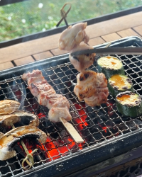 Skewers and vegetables cooking over a charcoal grill