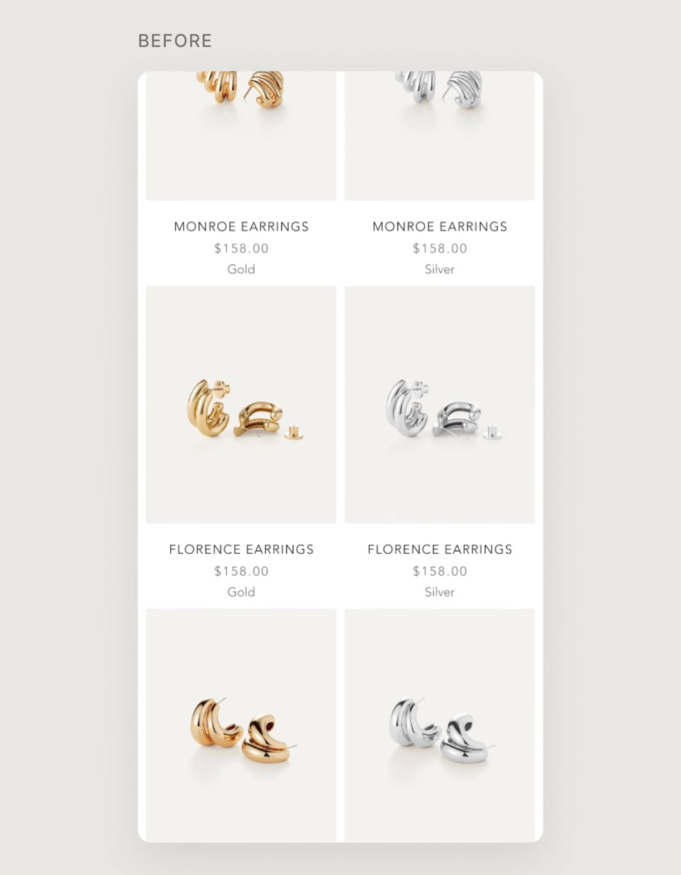 Before — More styles & sizes · collection → Florence → swipe → scroll (no selector) → back → keep scrolling (420×540, 15s)