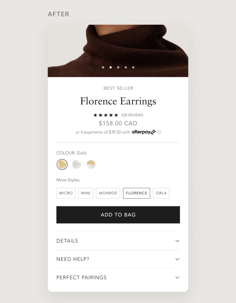 After — More styles & sizes · PDP → Monroe → swipe (420×540, 15s)